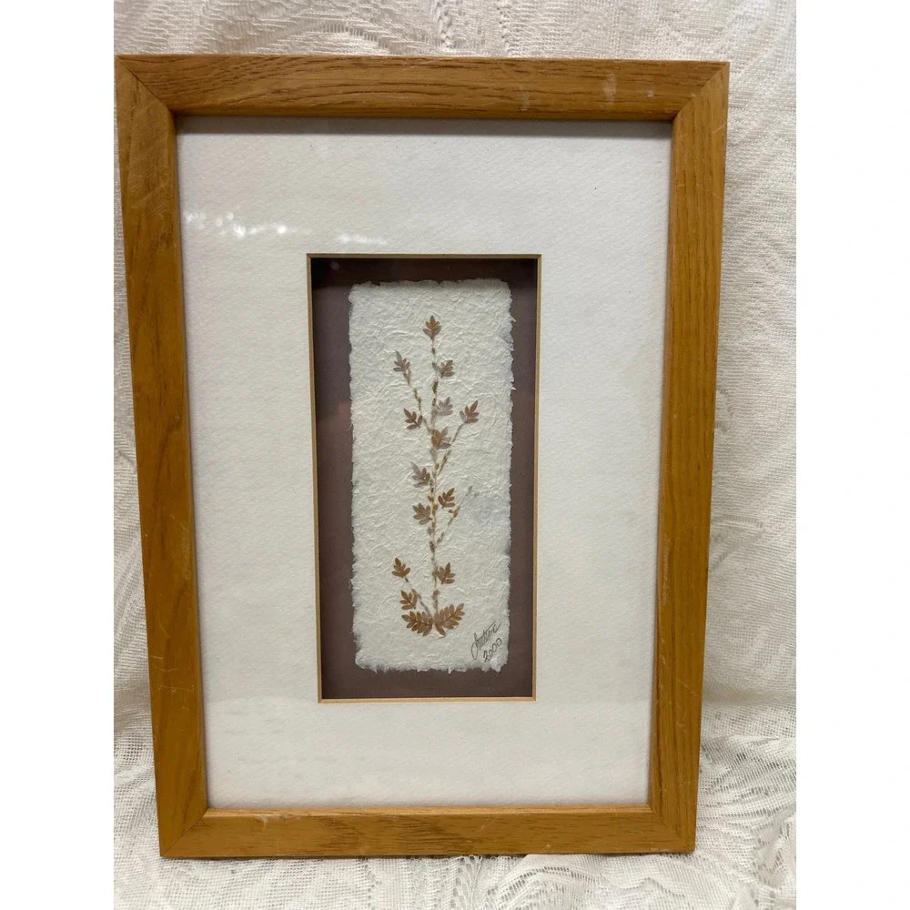 Vintage‎ Signed Pressed Botanical Leaf Art Framed Handmade Paper 2000 12x8.5in